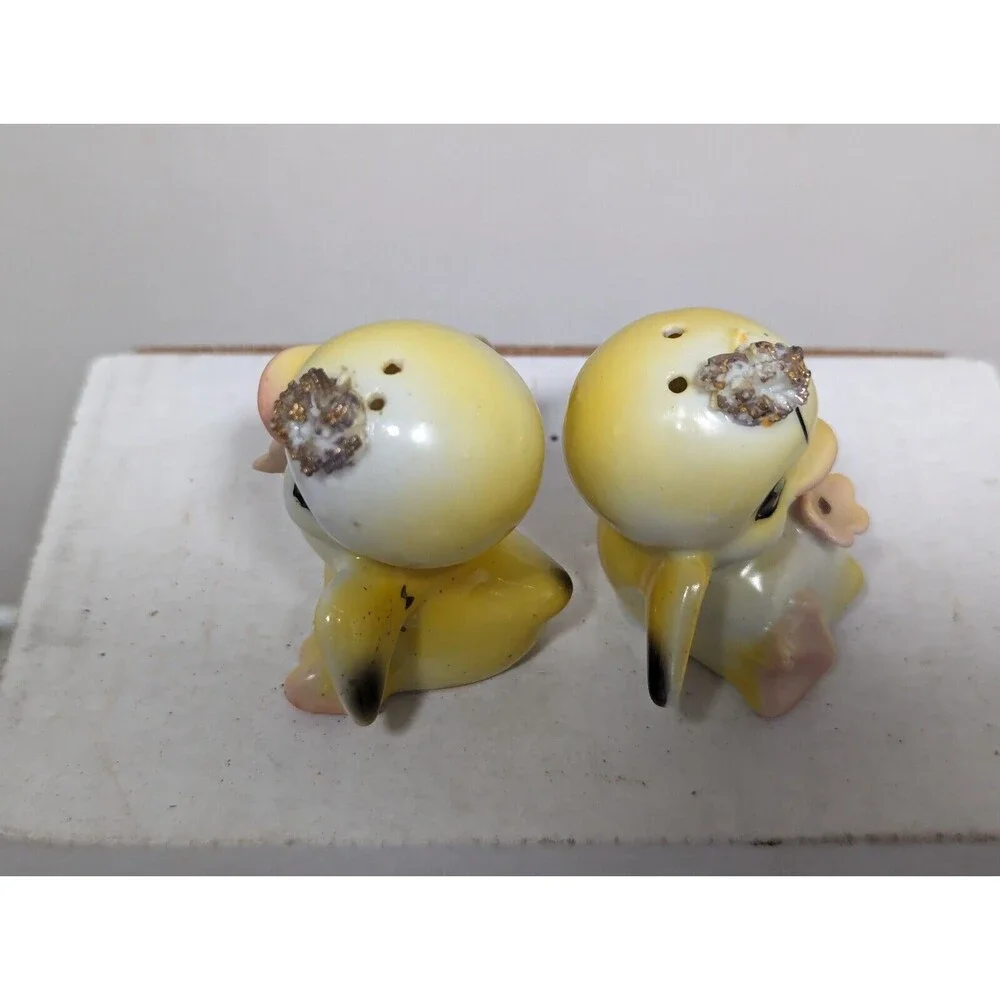 Vintage Ceramic Anthropomorphic Yellow Birds Flowers & Crown Salt Pepper Shakers
